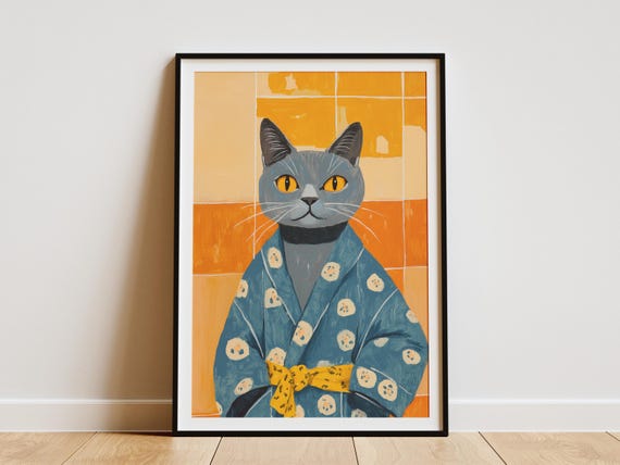 British Shorthair Cat Art Print In Bathrobe Poster Bathroom Wall Decor Funny Pet Portrait Lover Gift Cute