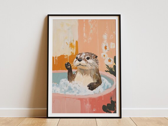 Friendly Waving Otter In Pink Bubble Bath Peach Sunset Poster