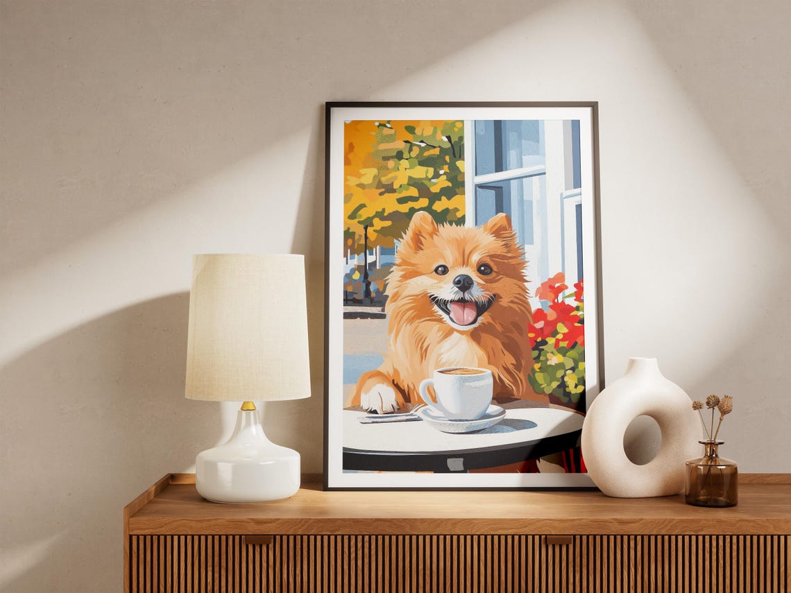Smiling Pomeranian Dog With Hot Coffee At An Autumn Cafe Poster - Image 4