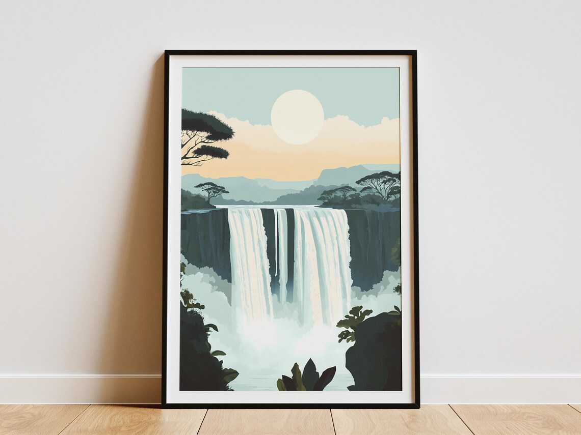 Majestic African Waterfall with Mist and Acacia Trees Poster