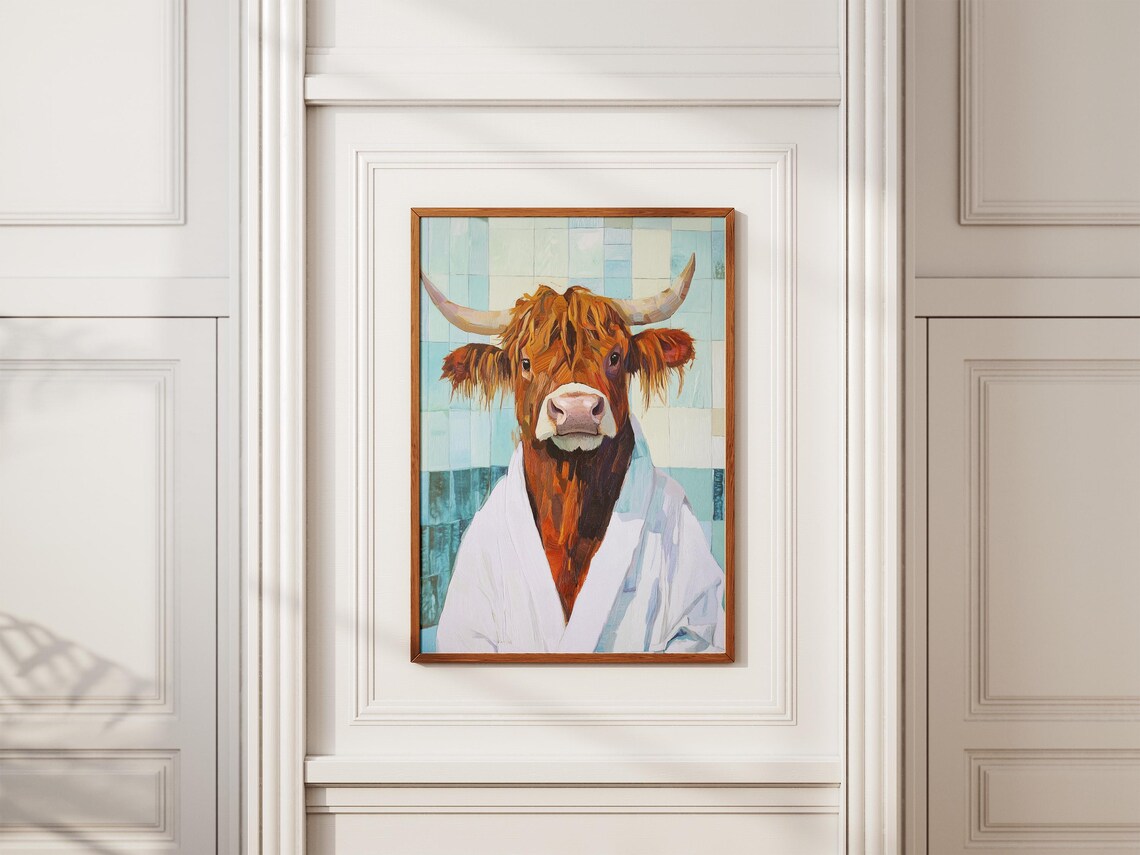 Highland Cow Wearing White Bathrobe Teal Tile Bathroom Poster - Image 2
