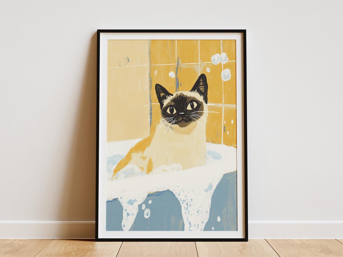 Siamese Cat Bathtub Poster Print, Cute Bathroom Decor
