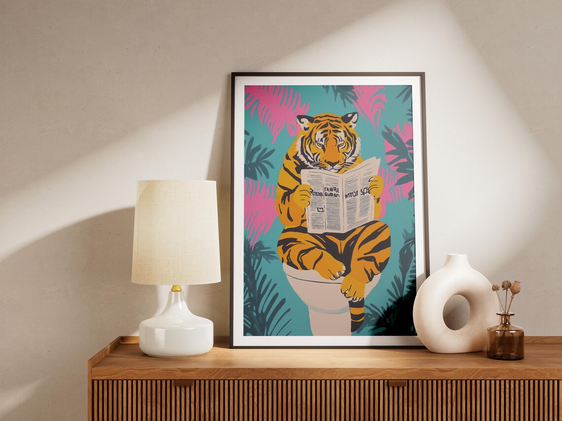 Tiger Reading Newspaper on Toilet Tropical Palm Leaf Art Poster - Image 5