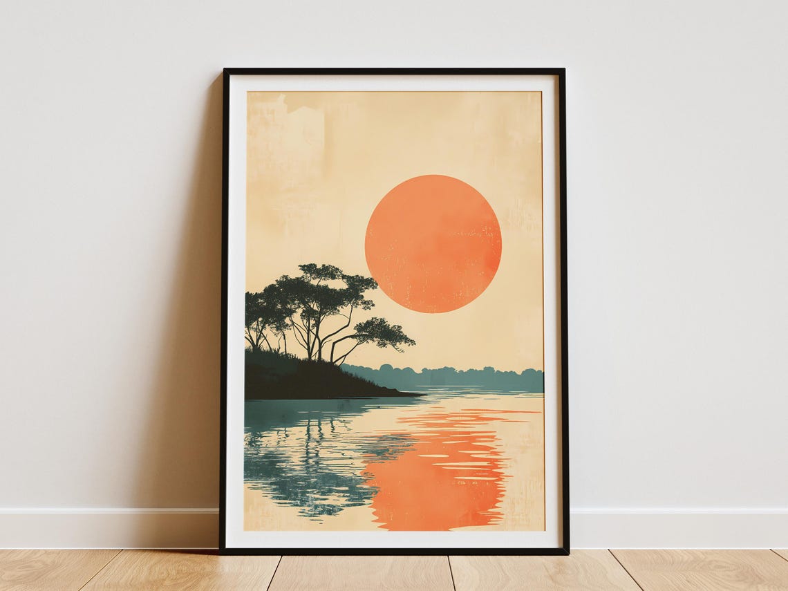Japanese Sunset Over Water Minimalist Orange Sun Reflection Poster