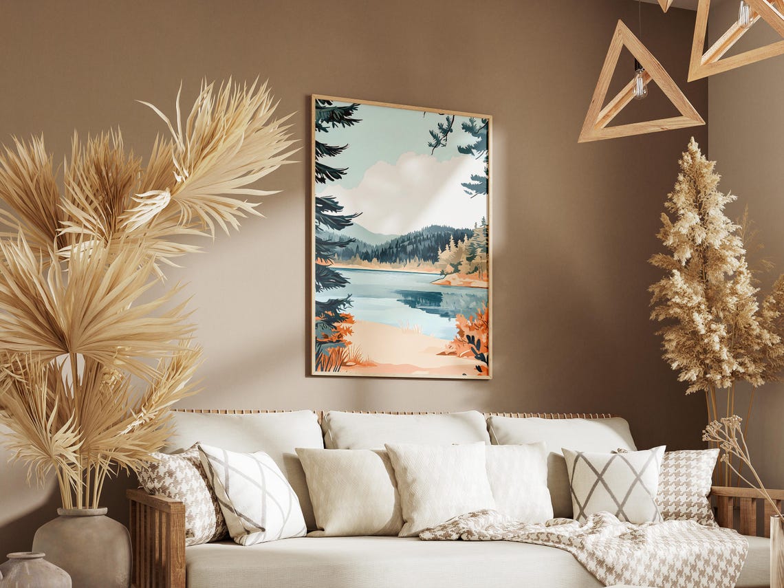 Autumn Lakeshore Pine Branches Mountain View Landscape Poster - Image 3