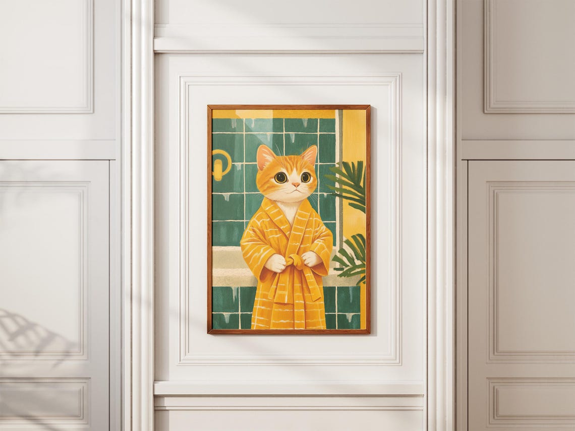 Scottish Fold Kitten Art Print Baby In Bathrobe Poster Cute Cat Bathroom Wall Decor Funny Animal Lover Gift - Image 2