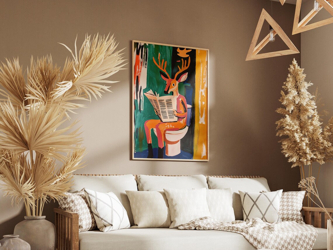 Deer on Toilet Reading Newspaper Colorful Funny Animal Poster - Image 3