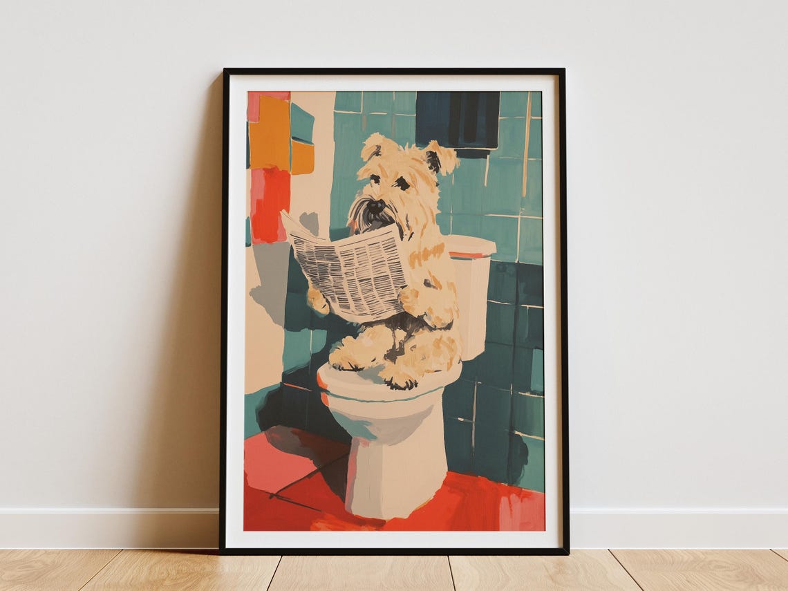 Wheaten Terrier Reading Newspaper on Toilet Teal Tile Poster