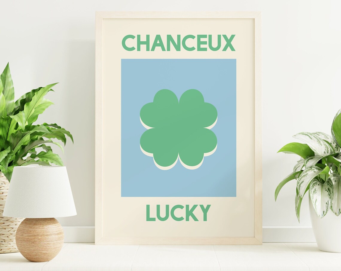 Chanceux Lucky Green Clover Minimalist Blue Modern Art Poster