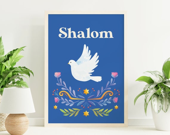 Shalom Print Art Cute Watercolor Hanukkah Illustration Art Blue Jewish Holiday Wall Decorations