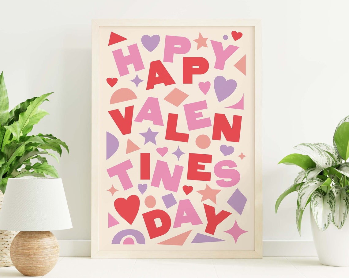 Happy Valentines Day Playful Letter Collage Pink Red Art Poster