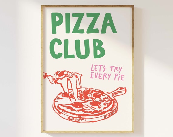 Pizza Club Print Art Red Kitchen Decor Retro Pizza Poster Cute Food Kitchen Art
