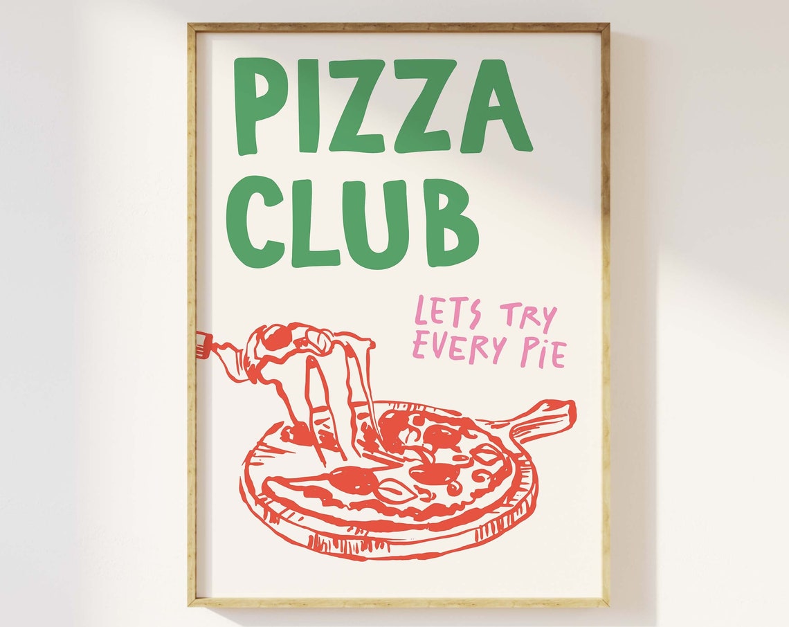 Pizza Club Print Art Red Kitchen Decor Retro Pizza Poster Cute Food Kitchen Art