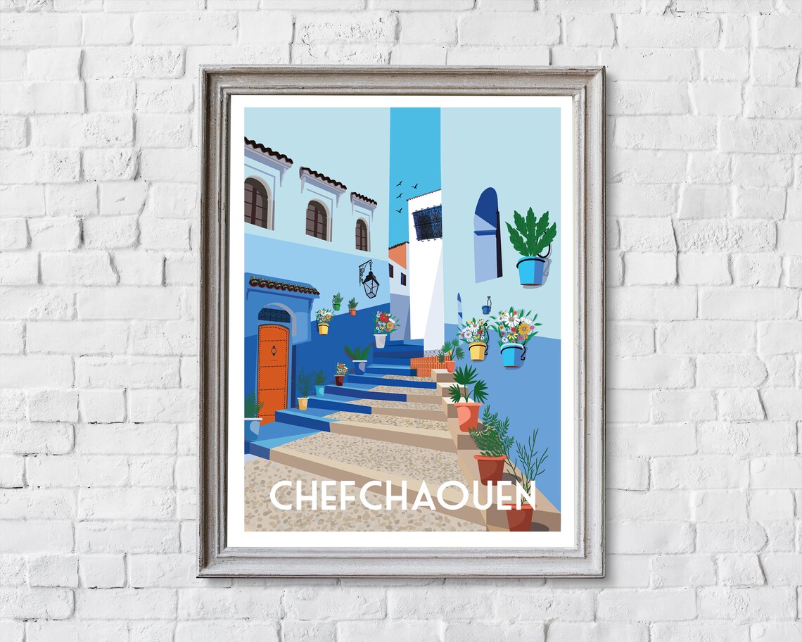 Chefchaouen Morocco Famous Blue City Flower Stairs Travel Poster - Image 2