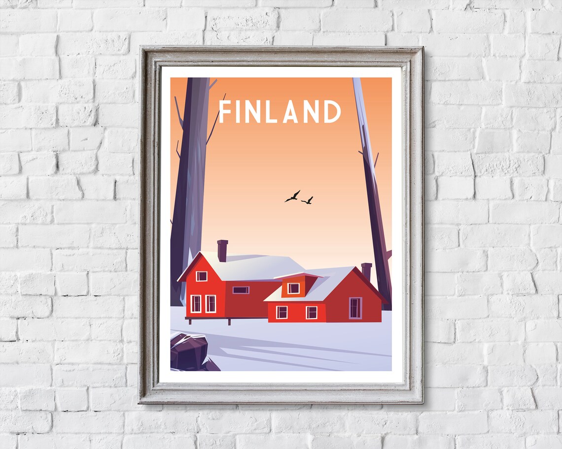Finland Snowy Red Wooden Cabins Tall Pines Winter Travel Poster - Image 2