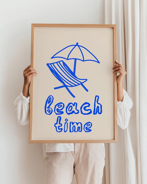 Beach Time Blue Line Art Umbrella Chair Minimalist Coastal Typography Poster