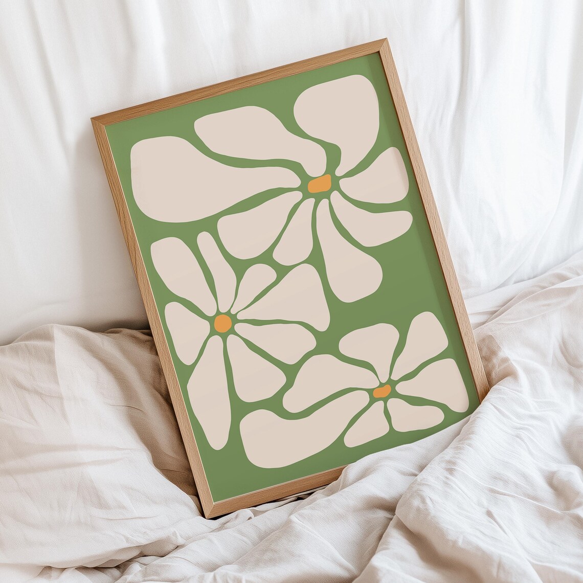 Sage Green Abstract Daisy Trio Cream Petals Flower Art Poster