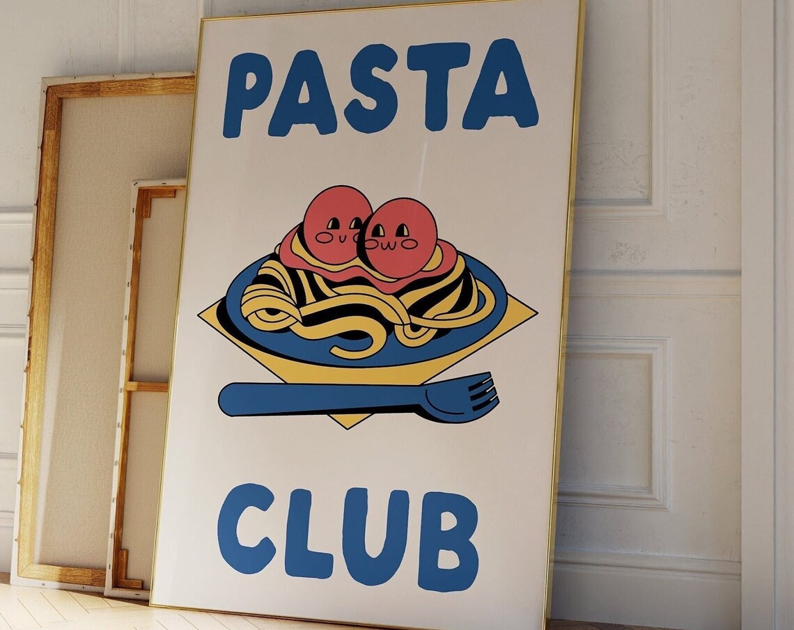 Pasta Club Cute Retro Cartoon Spaghetti Foodie Kitchen Poster