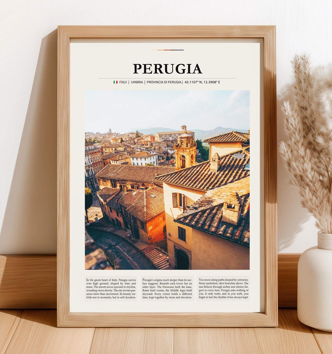 Perugia Italy Umbria Terracotta Rooftops Vintage City Travel Poster