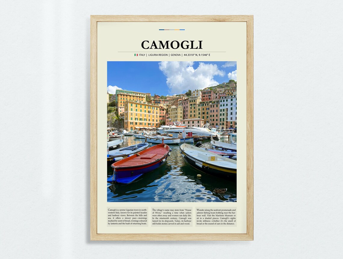 Camogli Italy Liguria Harbor Boats Colorful Houses Travel Poster