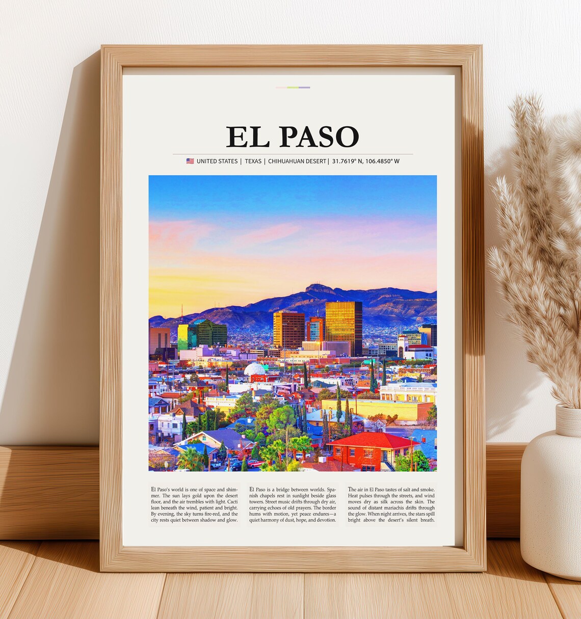 El Paso Texas Chihuahuan Desert Sunset Skyline Vintage Travel Poster