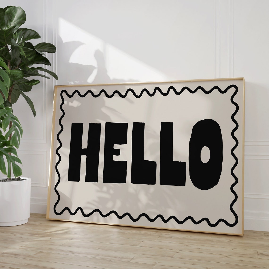 Hello Giant Black Block Letters Minimal Cream Wavy Border Poster