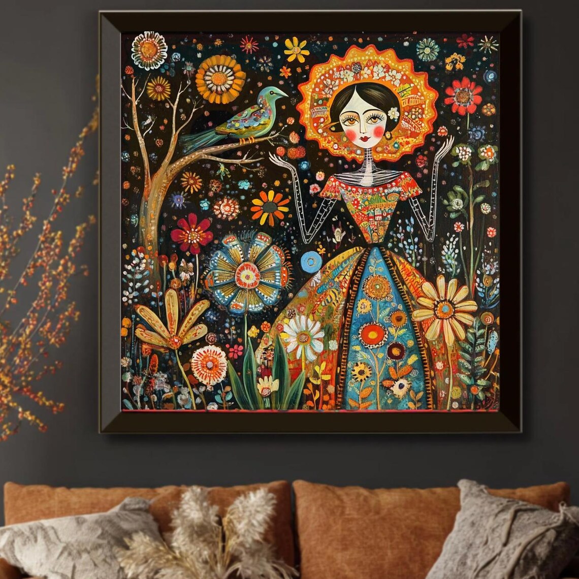 Mexican Folk Art Goddess of Flowers Day of the Dead Wall Art