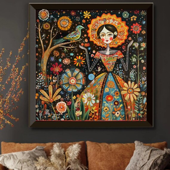 Mexican Folk Art Goddess of Flowers Day of the Dead Wall Art