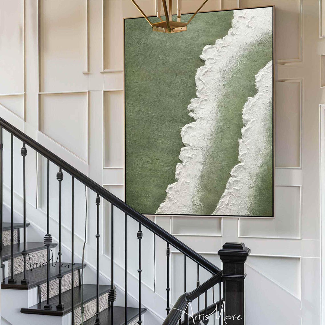 Sage Green Ocean Wave Texture Painting White Foam Minimalist Wall Art - Image 3