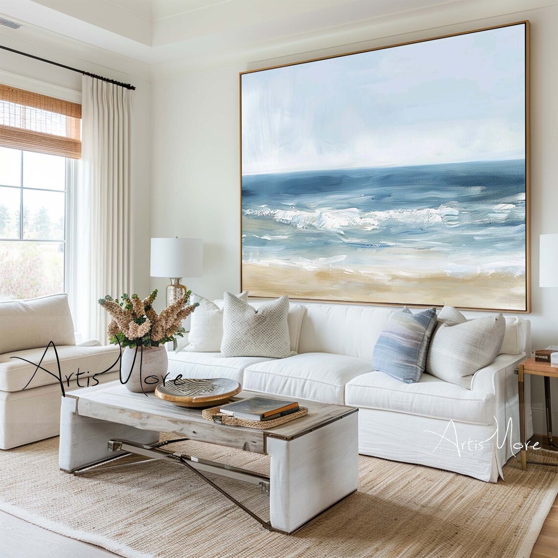 Calm Ocean Beach Painting Soft Blue Waves Sandy Shore Coastal Wall Art - Image 3