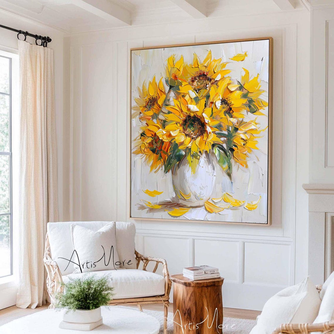 Sunflower Bouquet White Vase Yellow Bloom Impressionist Art Poster