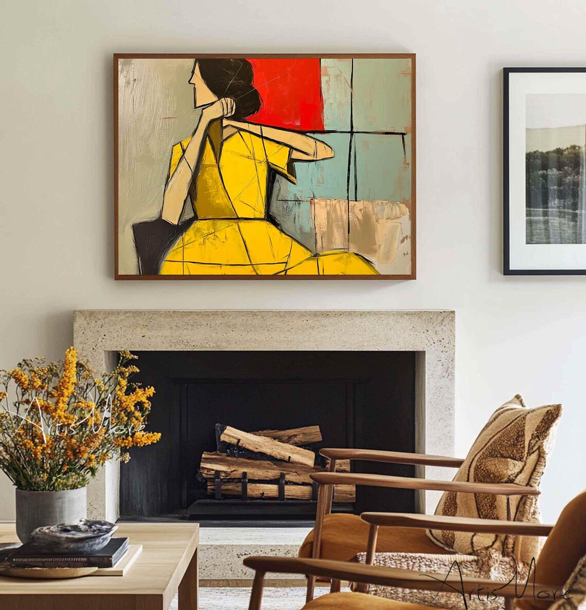 Abstract Woman Yellow Dress Seated Modern Figurative Art Poster - Image 2