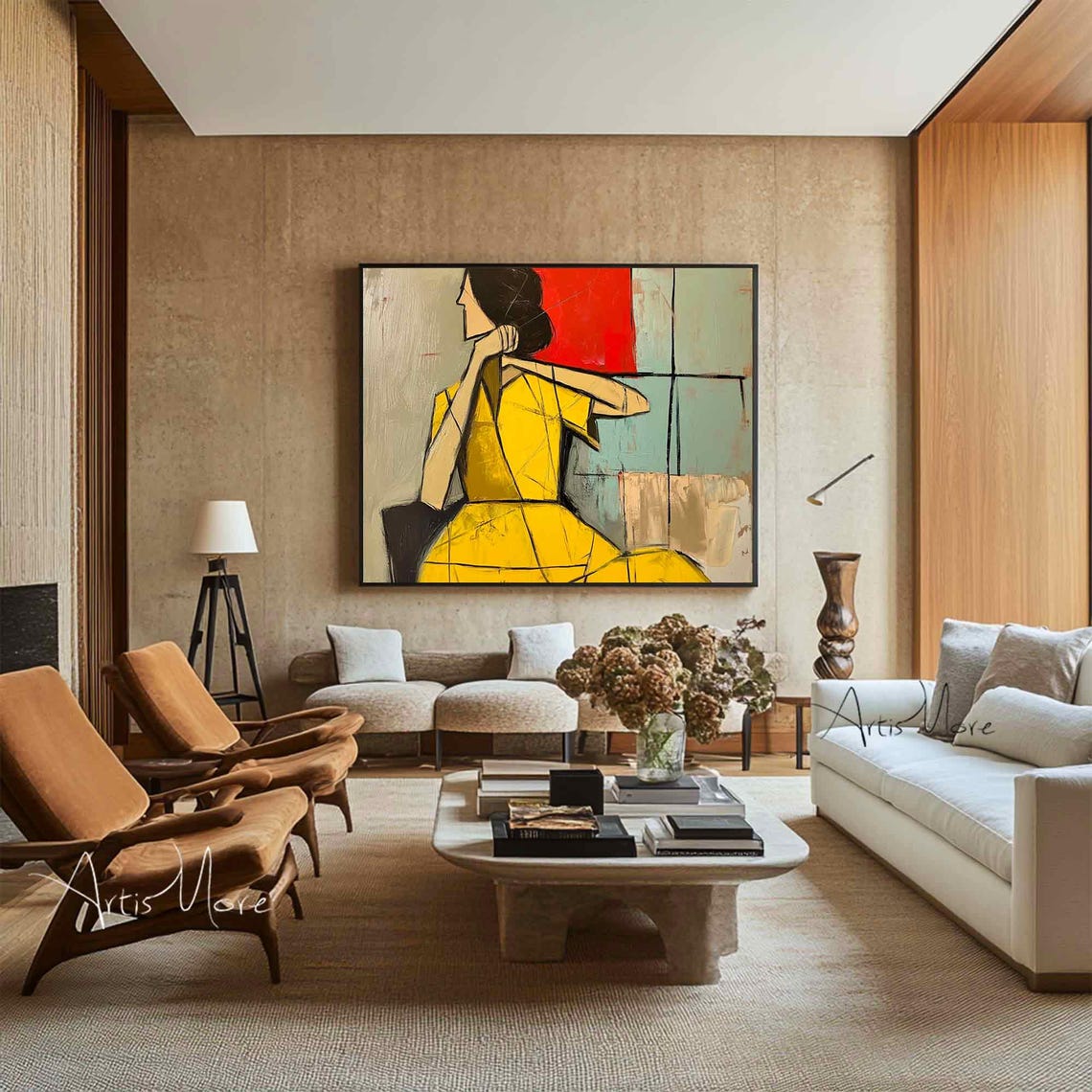 Abstract Woman Yellow Dress Seated Modern Figurative Art Poster - Image 4