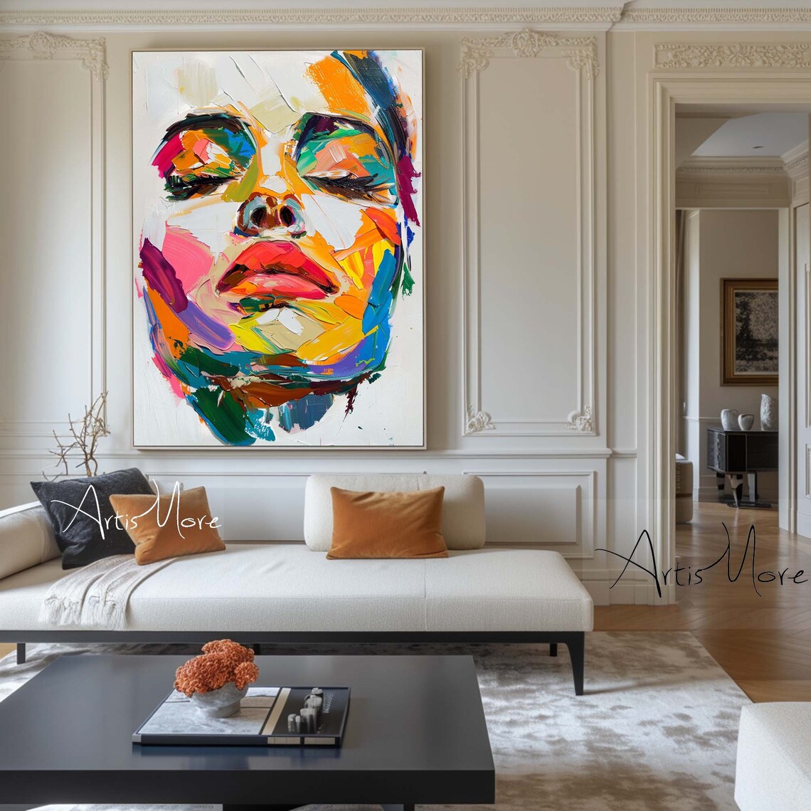 Colorful Abstract Woman Face Closed Eyes Rainbow Brushstroke Portrait Wall Art - Image 2