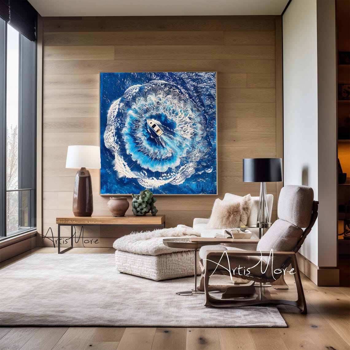 Aerial Ocean View Boat Circling Blue Wave Ring Nautical Art Poster - Image 4