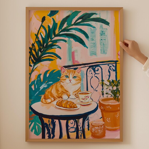 Ginger Tabby Cat Parisian Cafe Croissant Coffee Morning Poster