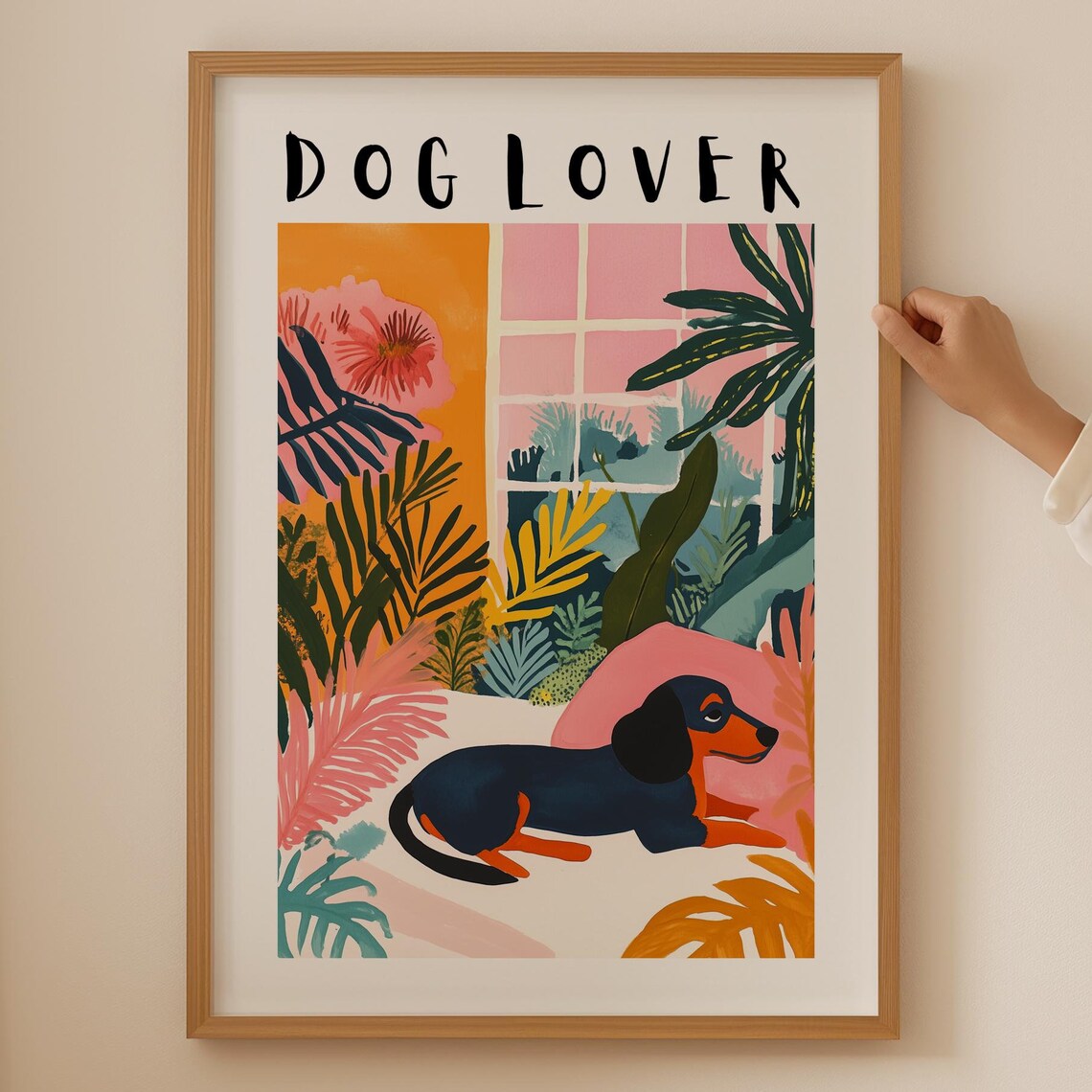 Dog Lover Dachshund in Tropical Botanical Living Room Poster