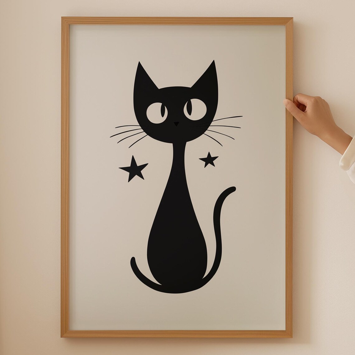 Black Cat with Stars Cute Minimal Funny Cat Silhouette Art Poster