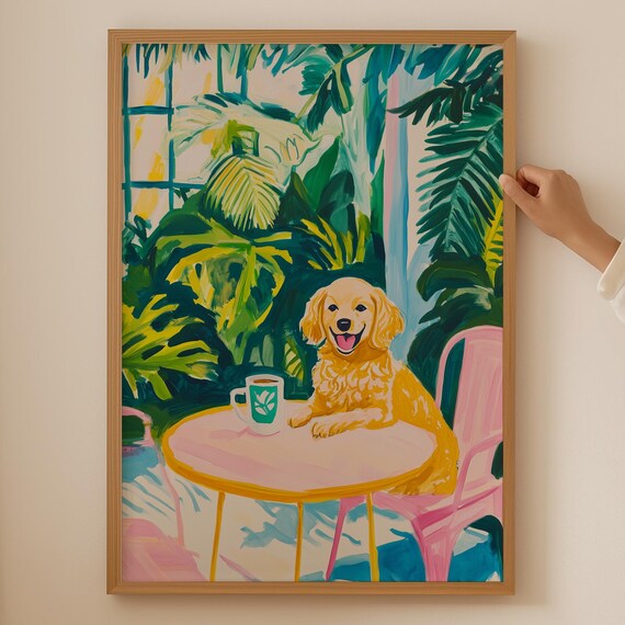 Goldendoodle Cafe Date Tropical Coffee Poster With Happy Puppy