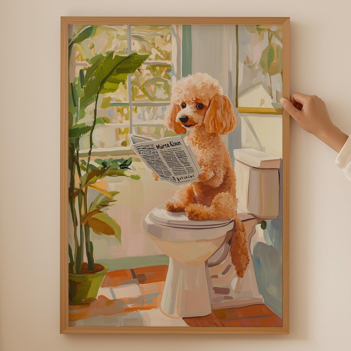Funny Apricot Poodle on Toilet Reading Newspaper Bathroom Poster
