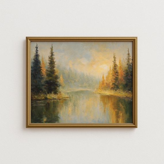 Golden Autumn Lake With Pine Forest Reflections Fall Landscape Print