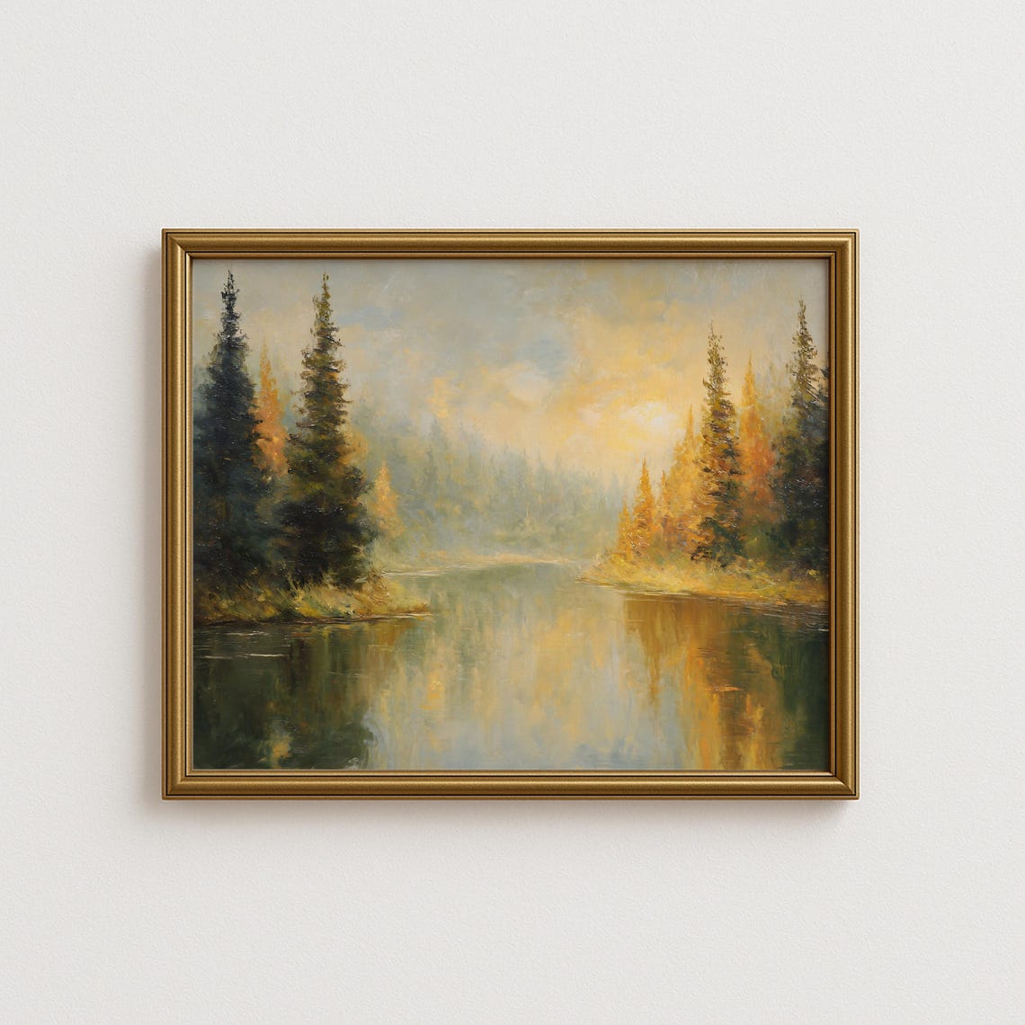 Golden Autumn Lake With Pine Forest Reflections Fall Landscape Print