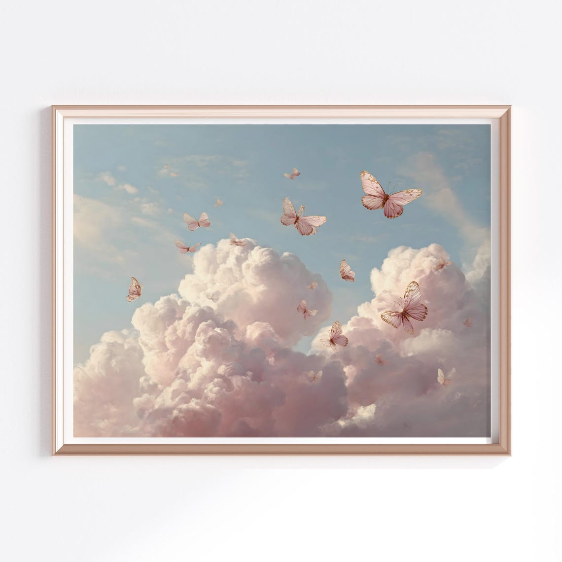 Blush Pink Butterflies Among Pastel Clouds Dreamy Nursery Poster