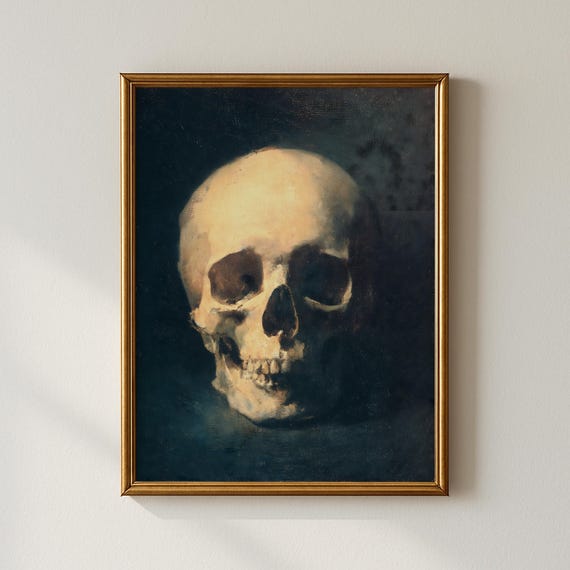 Vintage Skull Painting Wall Art Dark Gothic Decor Unique Home Creepy Artwork
