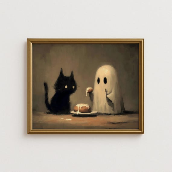 Cute And Black Cat Wall Art Halloween Kitchen Spooky Whimsical Eating Pastry Painting Cozy Fall Home Dcor