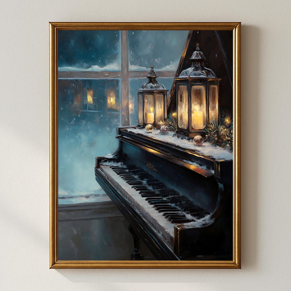 Winter Piano By Snowy Window Glowing Lanterns Christmas Wall Art
