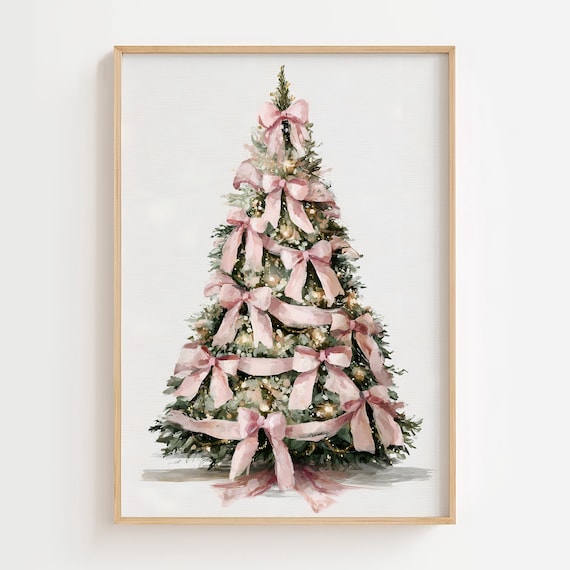 Pink Bow Christmas Tree Watercolor Elegant Holiday Tree Poster