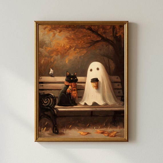 Black Cat And Autumn Coffee Wall Art Cozy Halloween Print Vintage Oil Painting Style Fall Bench Scene Decor