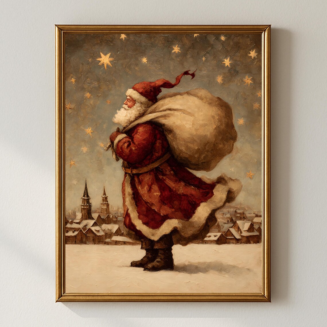 Vintage Santa Claus With Toy Sack Starry Christmas Scene Poster