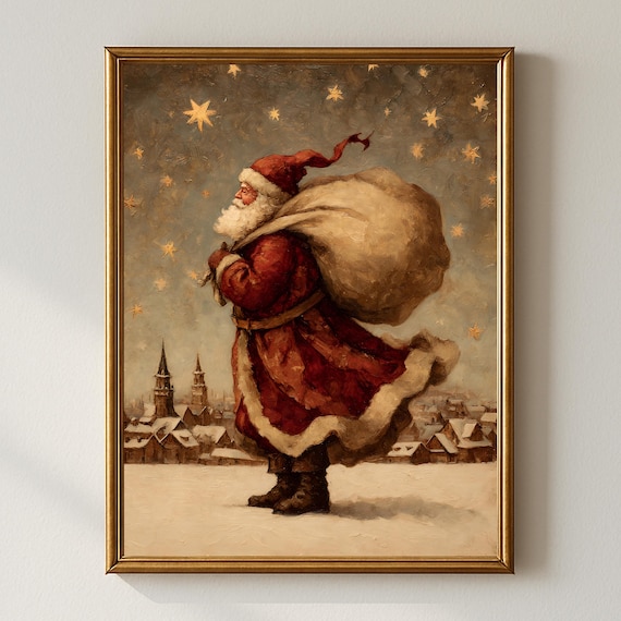 Vintage Santa Claus With Toy Sack Starry Christmas Scene Poster